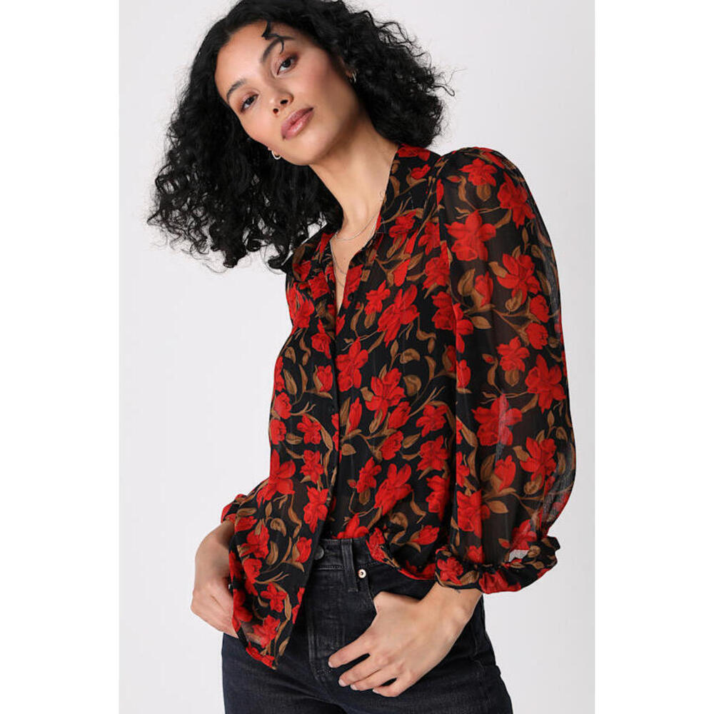 Lulus Rose To The Occasion Black Floral Long Sleeve Button Up Top - Size M